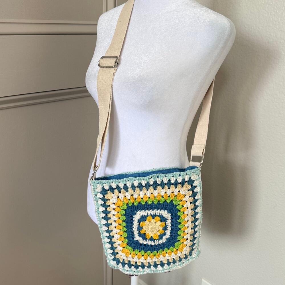 Crochet Granny Square Purse Boho Shoulder Bag Adjustable Strap Lined